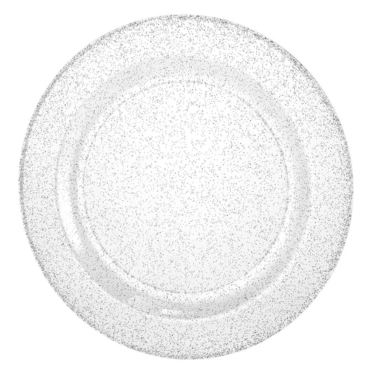 Silver glitter plates in 7.5", 9", and 10.25" sizes; elegant disposable design for weddings, parties, and special events