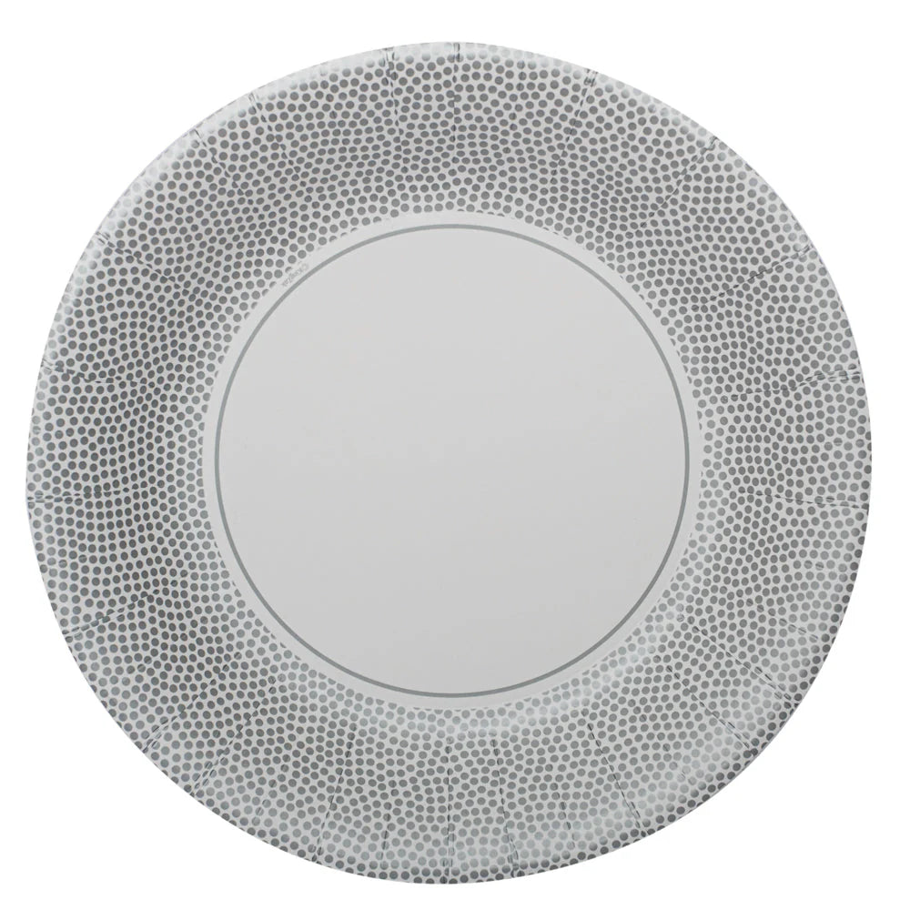 Silver Dots Paper Plate – Premium disposable party plates in 8.5-inch and 10.5-inch sizes, featuring a stylish silver dot design for weddings, birthdays, and elegant events.