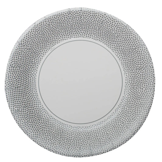 Silver Dots Paper Plate – Premium disposable party plates in 8.5-inch and 10.5-inch sizes, featuring a stylish silver dot design for weddings, birthdays, and elegant events.