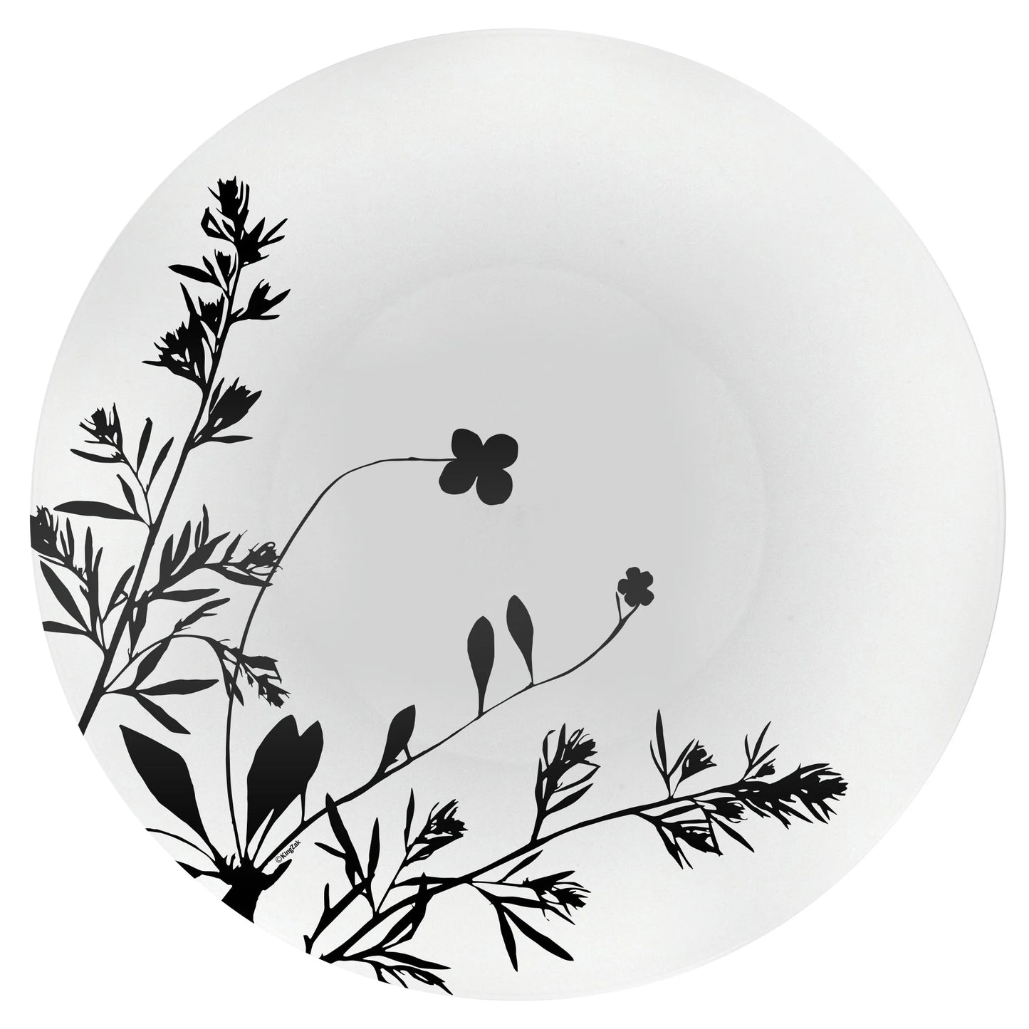Wildflower Black on White Plate with floral black accents, available in 8-inch and 10.5-inch sizes, perfect for weddings, formal events, and stylish dining setups