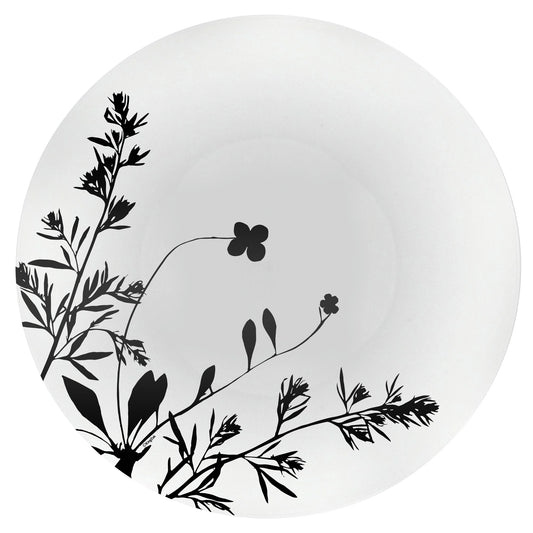 Wildflower Black on White Plate with floral black accents, available in 8-inch and 10.5-inch sizes, perfect for weddings, formal events, and stylish dining setups