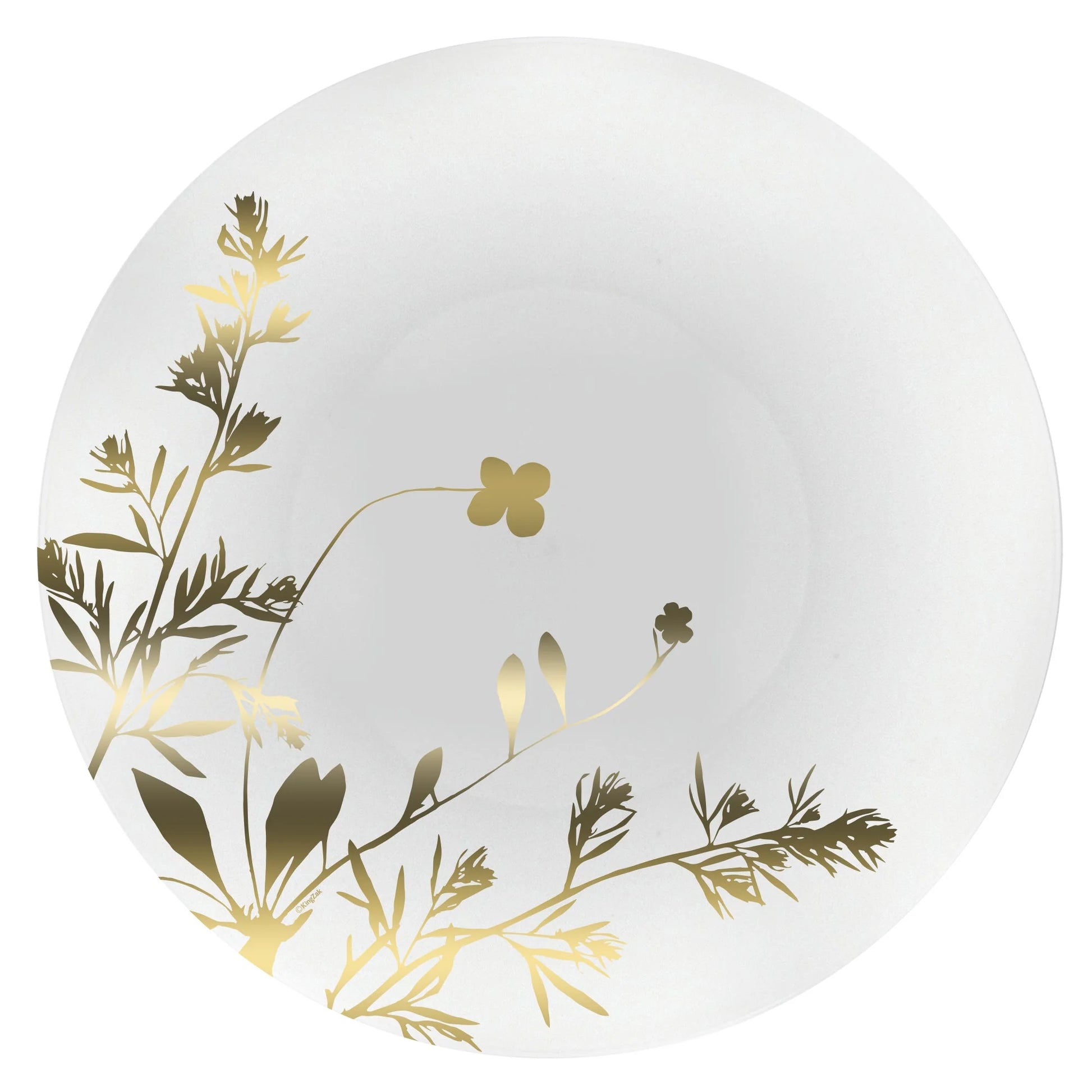 Wildflower Gold on White Plate featuring elegant floral patterns and gold accents, available in 8-inch and 10.5-inch sizes for weddings and upscale events