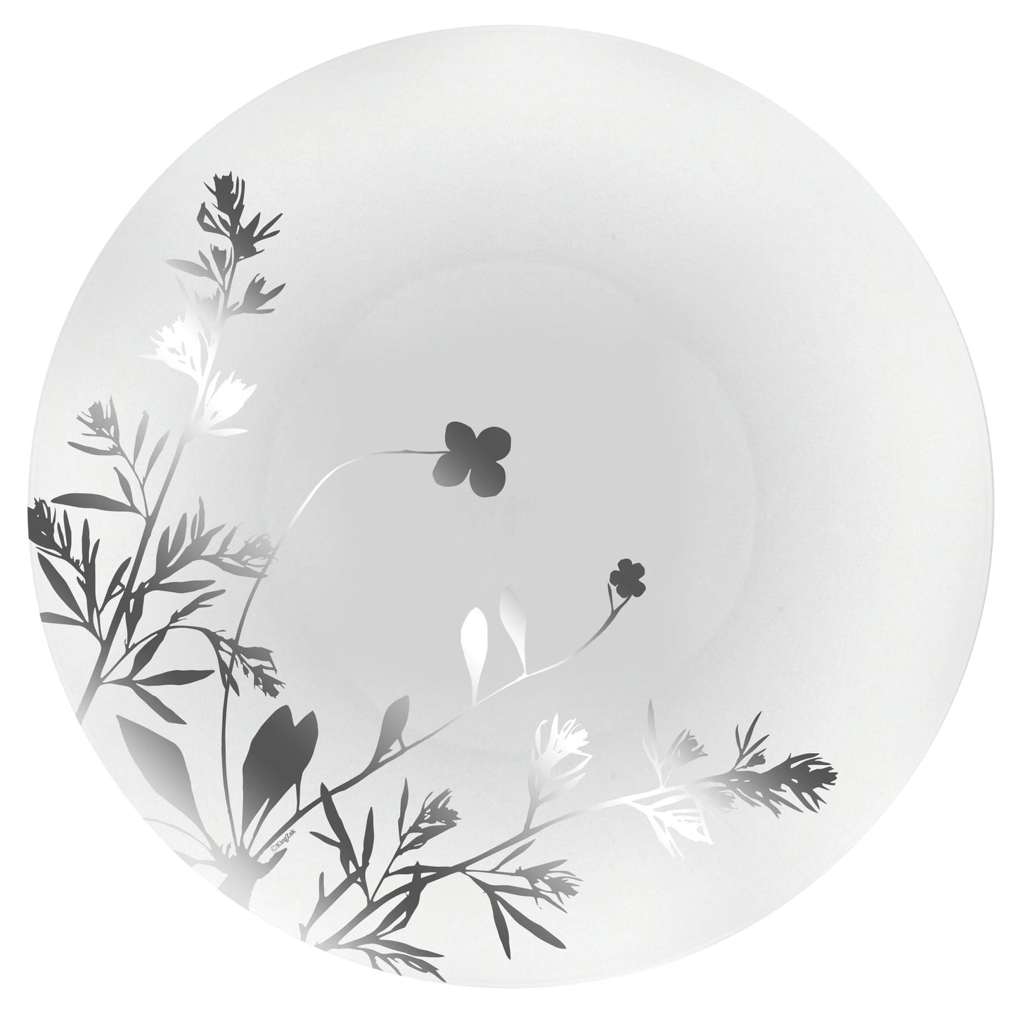 Wildflower Silver on White Plate, elegant floral design with silver accents, available in 8-inch and 10.5-inch sizes, perfect for weddings, events, and upscale dining