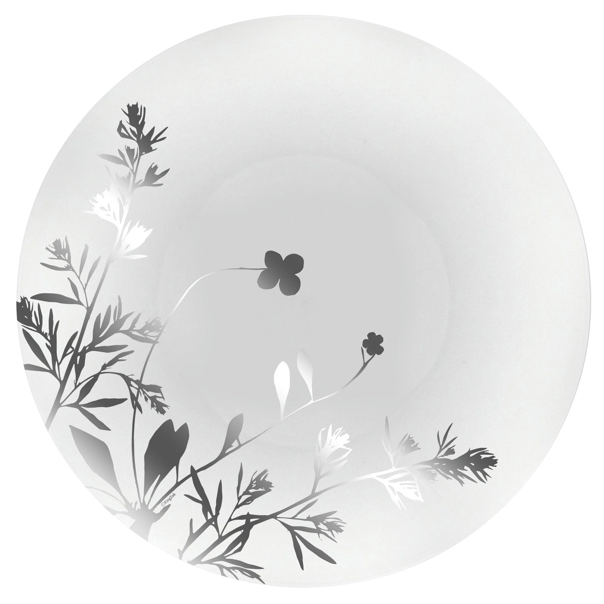 Wildflower Silver on White Plate, elegant floral design with silver accents, available in 8-inch and 10.5-inch sizes, perfect for weddings, events, and upscale dining