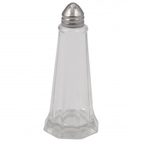 STANTON-1003SP Tower Salt/Pepper Shaker with a 1-ounce capacity, made of clear glass with a faceted, tapered design. It features a stainless steel top with small perforations for dispensing salt or pepper. The classic style makes it a common choice for restaurants, diners, and home dining settings.