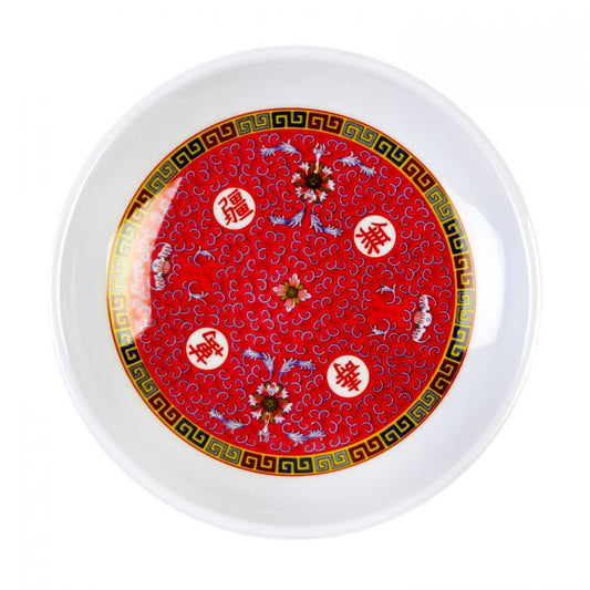 The Thunder Group Round Plate features a bright multi-colored design with floral and geometric patterns, accented with Chinese characters, adding authentic Asian flair to any setting. Made from durable melamine, it is BPA-free, break-resistant, shatter-resistant, lightweight, and stackable for easy handling and storage. Dishwasher safe and NSF listed, it’s ideal for serving appetizers, entrees, desserts, and more at restaurants, catered events, or home use.