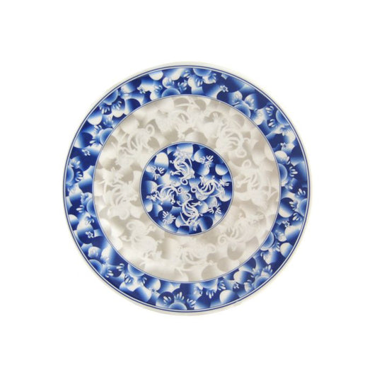 The Thunder Group Round Plate features a stone-colored base with a traditional blue dragon design, adding authentic Asian flair to any setting. Made from durable melamine, it is BPA-free, break-resistant, shatter-resistant, lightweight, and stackable for easy handling and storage. Dishwasher safe and NSF listed, it’s ideal for serving spring rolls, sushi, meatballs, fried tofu, and other Asian-inspired dishes at restaurants, catered events, or home use.