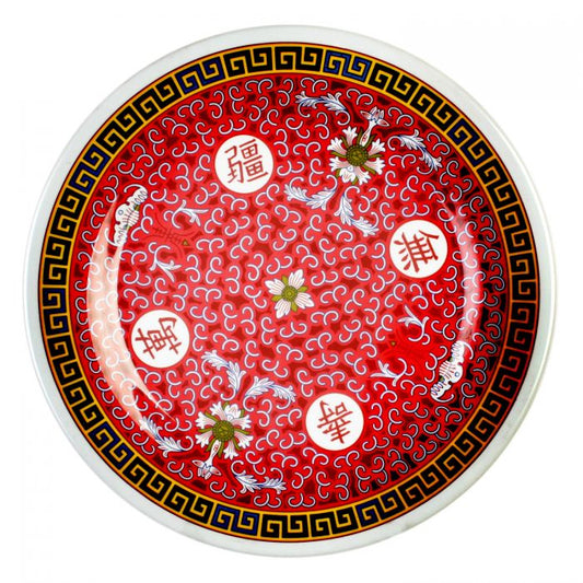 The Thunder Group Round Plate features a bright multi-colored design with floral and geometric patterns, accented with Chinese characters, adding authentic Asian flair to any setting. Made from durable melamine, it is BPA-free, break-resistant, shatter-resistant, lightweight, and stackable for easy handling and storage. Dishwasher safe and NSF listed, it’s ideal for serving appetizers, entrees, desserts, and more at restaurants, catered events, or home use.