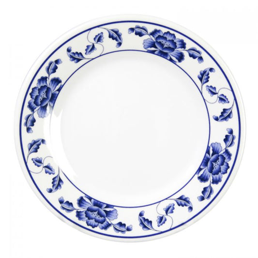 The Thunder Group Round Plate features a bright white base with a deep blue floral design, adding authentic Asian flair to any setting. Made from durable melamine, it is BPA-free, break-resistant, shatter-resistant, lightweight, and stackable for easy handling and storage. Dishwasher safe and NSF listed, it’s ideal for serving appetizers, desserts, and more at restaurants, catered events, or home use.