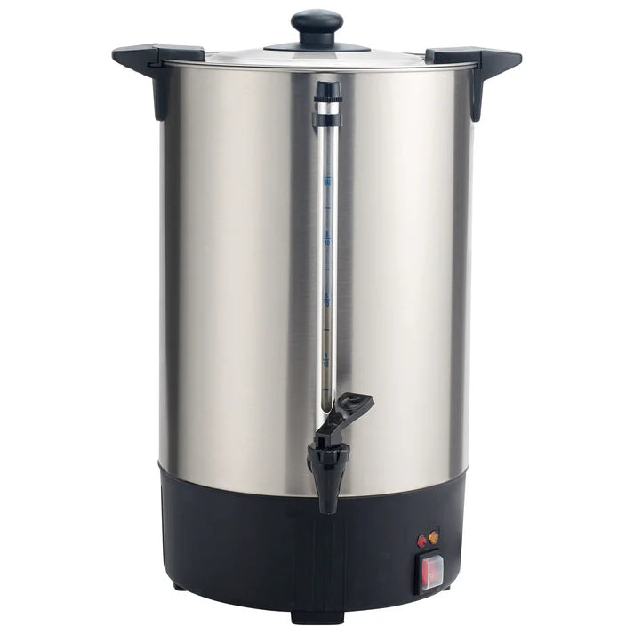 Coffee Urn (100-Cup (16L) 110-120V, 100-Cup (16L) 220-240V, 50-Cup (8L) 110-120V) 2/Pack features a twist-locking lid and handles that are cool to the touch. The waterproof ON/OFF switch includes a protective cover. The automatic shut-off provides add an additional safety feature. This product is constructed of polished 304 stainless steel. The container features a silver color with a black base. The system recycles automatically between brewing and holding modes for optimal temperatures.