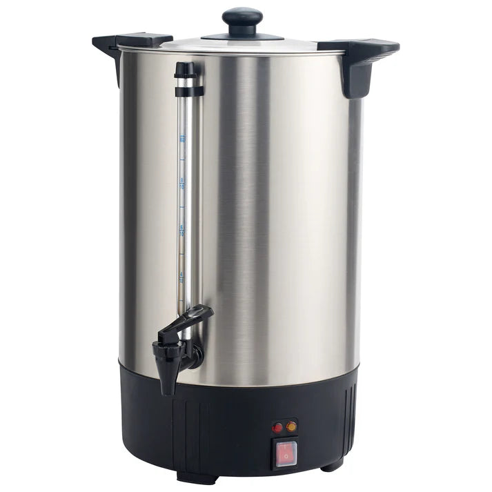 Coffee Urn (100-Cup (16L) 110-120V, 100-Cup (16L) 220-240V, 50-Cup (8L) 110-120V) 2/Pack features a twist-locking lid and handles that are cool to the touch. The waterproof ON/OFF switch includes a protective cover. The automatic shut-off provides add an additional safety feature. This product is constructed of polished 304 stainless steel. The container features a silver color with a black base. The system recycles automatically between brewing and holding modes for optimal temperatures.