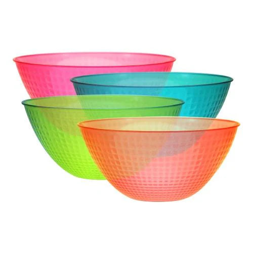 100oz Neon Color Assorted Pixel Bowl, durable plastic serving bowl for parties, buffets, and events. Vibrant pixel design, perfect for salads, pasta, chips, and snacks. Reusable or disposable for easy cleanup.
