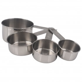 4-piece stainless steel stanton trading measuring cup set includes 1/4 cup, 1/3 cup, 1/2 cup, and 1 cup designed for accuracy and durability, the cups are securely connected by a metal ring for easy storage. Their sturdy stainless steel construction ensures long-lasting use, making them a must-have for any kitchen.