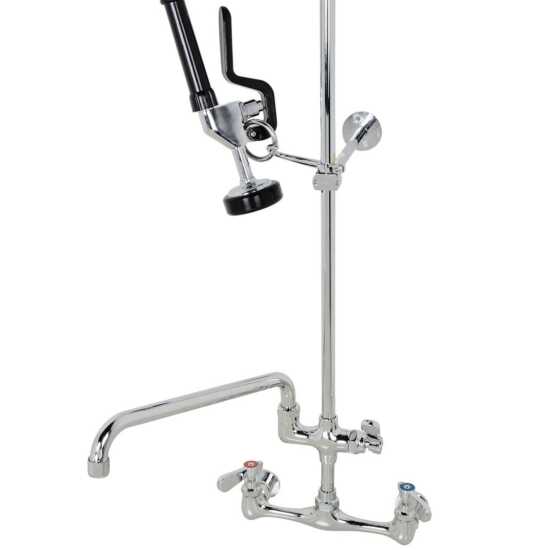 The Prepline PPRS-12 wall-mounted pre-rinse assembly with a 12" swing spout is perfect for commercial kitchens, offering powerful rinsing and efficient water flow for dishwashing and food prep tasks.