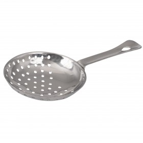 stainless steel julep strainer stanton trading features a two-piece construction for durability and efficiency. Designed to fit standard mixing glasses, it ensures smooth straining of cocktails and infused drinks. Ideal for bartenders and home mixologists, its perforated design provides precise filtration for a refined and professional drinking experience.
