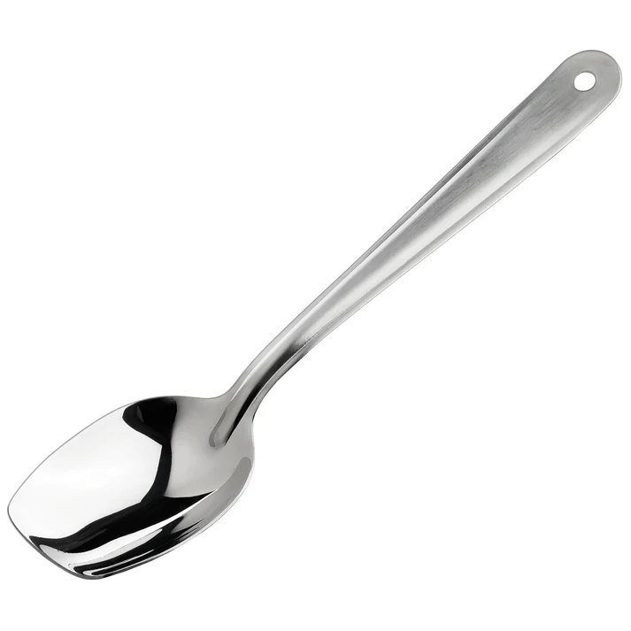 (10", 8") Slanted Plating Spoon 6/Pack maintain excellent control in creating stylish presentations with these flat-front plating spoons, available w/ either a solid or perforated spoon bowl.