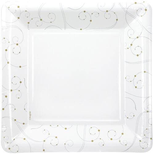 Swirls & Pearls Square Plate, available in 7-inch and 10-inch. Elegant disposable plate with intricate swirls and pearl accents, perfect for weddings, parties, and formal gatherings.