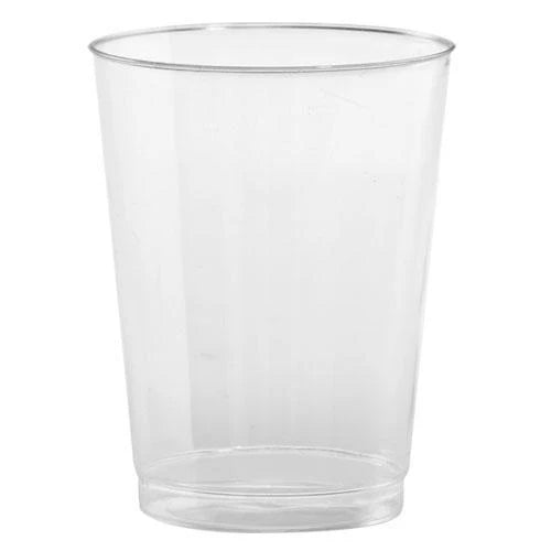 9 oz. and 10 oz. clear plastic tumblers, perfect for serving drinks at parties, weddings, and events. Durable, disposable, and ideal for water, juice, cocktails, and more.