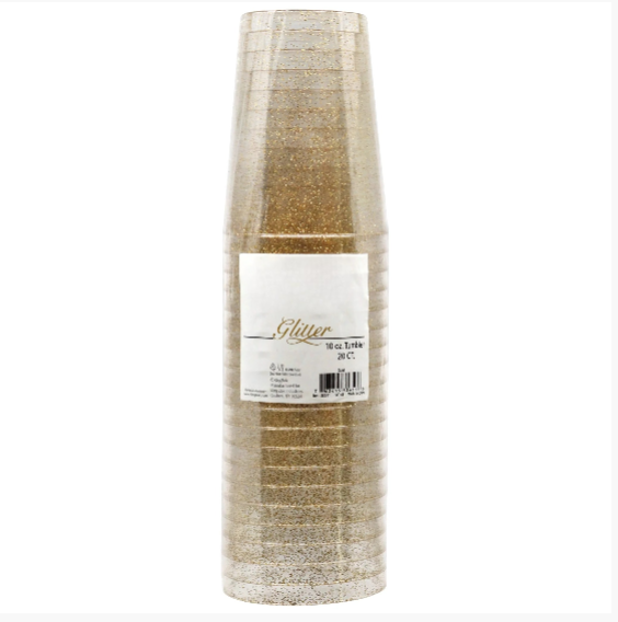 10oz gold glitter tumbler for elegant beverage service; sturdy disposable design for weddings, parties, and special events