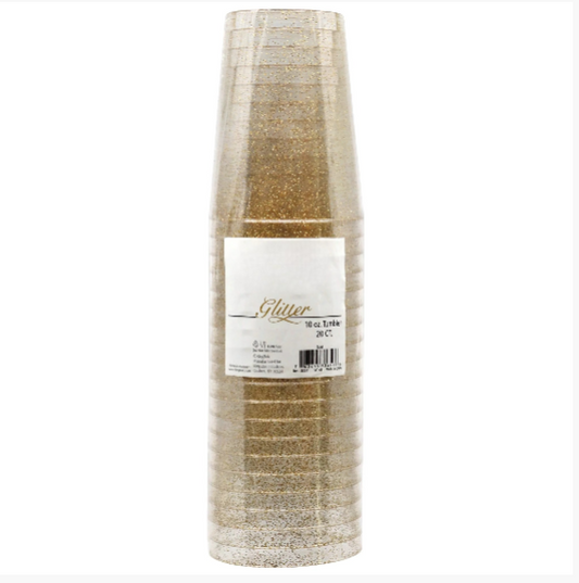 10oz gold glitter tumbler for elegant beverage service; sturdy disposable design for weddings, parties, and special events
