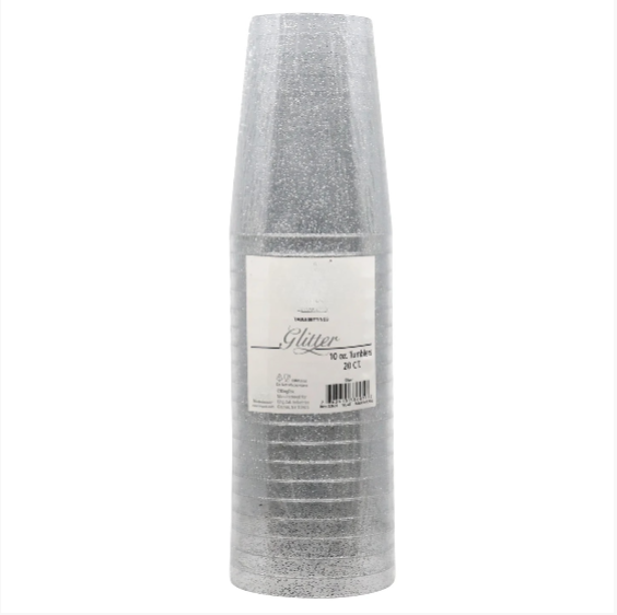 10oz silver glitter tumbler for elegant beverage service; durable disposable cups for weddings, parties, and upscale events
