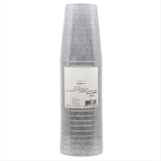 10oz silver glitter tumbler for elegant beverage service; durable disposable cups for weddings, parties, and upscale events