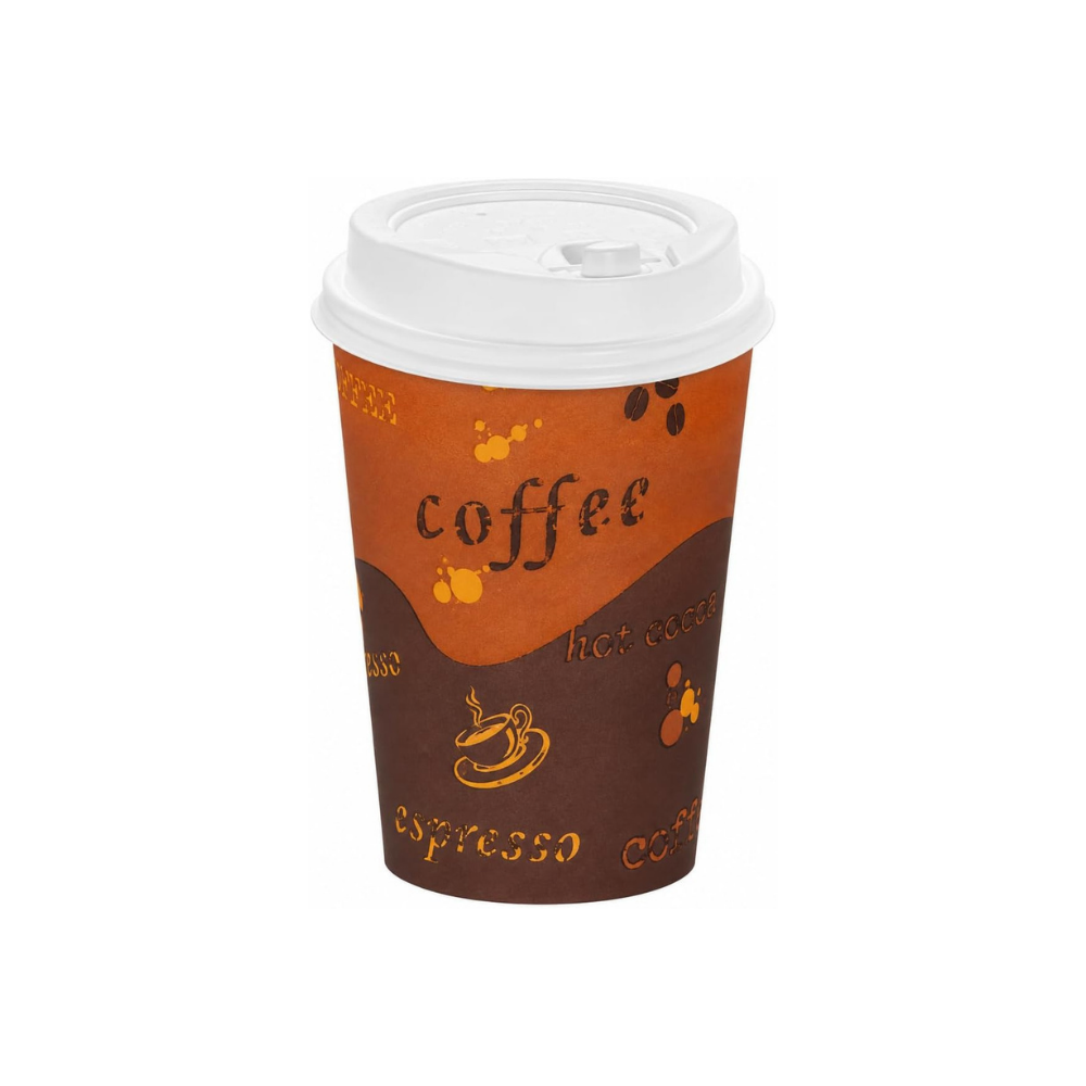 10oz Brown Disposable Coffee Hot Paper Cups with White Dome Lids