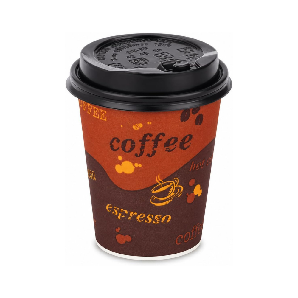 10oz Brown Disposable Coffee Hot Paper Cups with Black Dome Lids