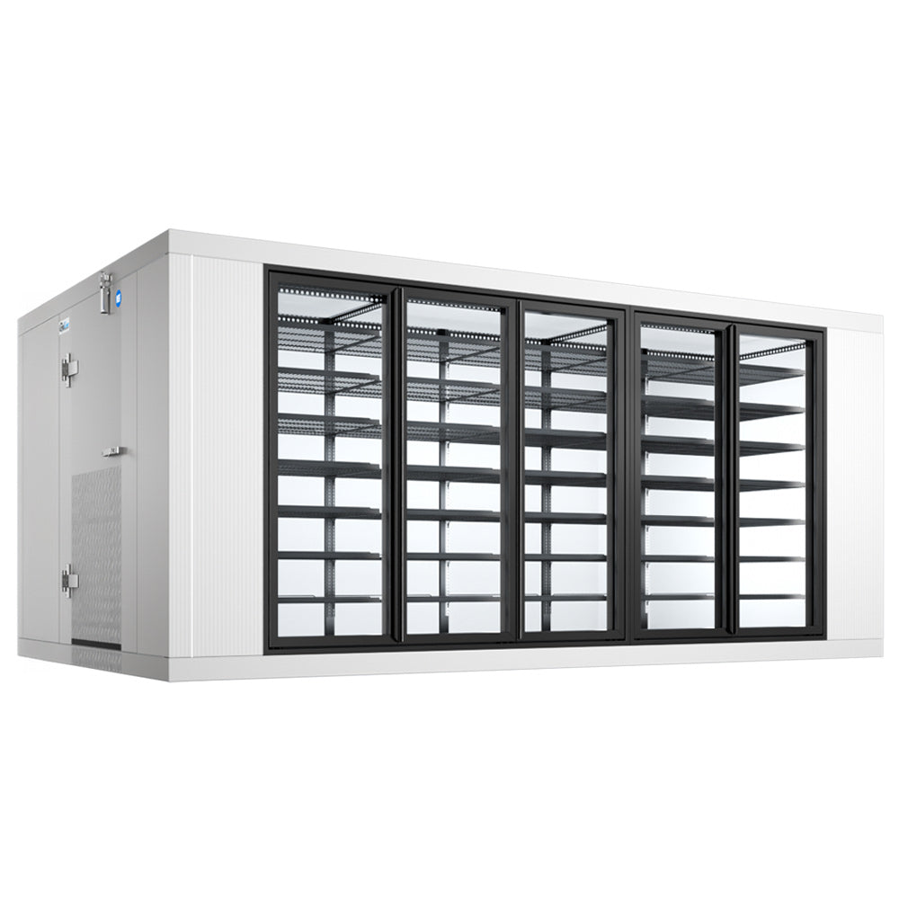 Coldline 10 x 16 five glass door walk-in merchandiser cooler box with floor for high-visibility refrigerated display and cold storage in grocery stores and commercial kitchens