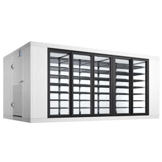 Coldline 10 x 16 five glass door walk-in merchandiser cooler box with floor for high-visibility refrigerated display and cold storage in grocery stores and commercial kitchens
