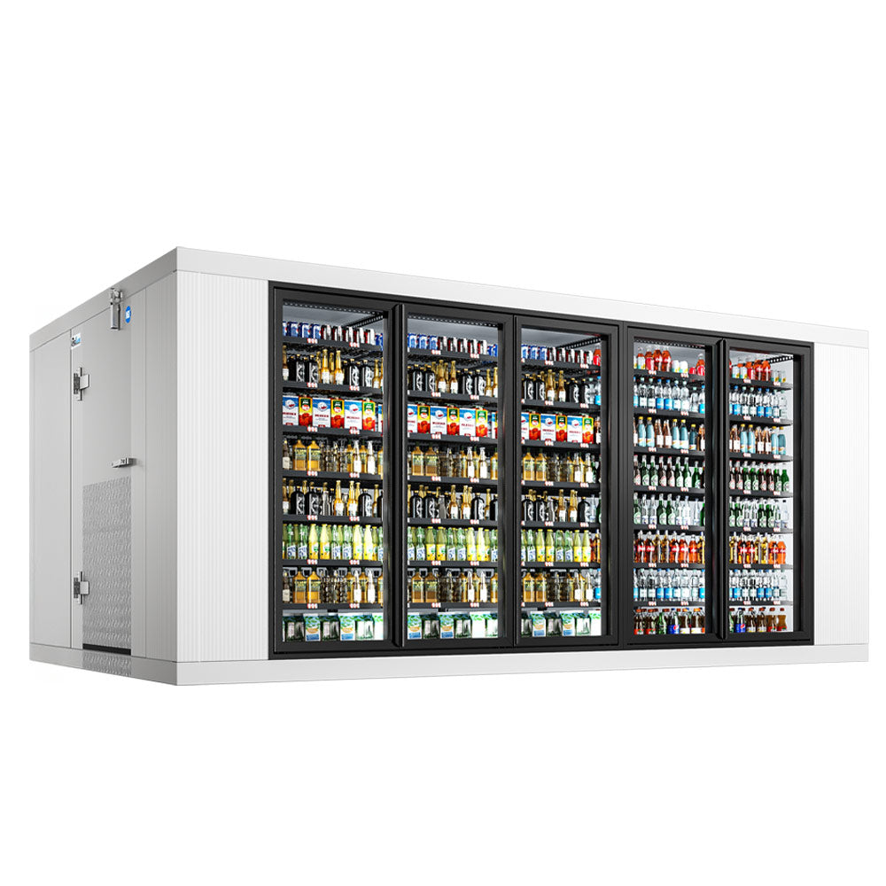 Coldline 10 x 16 five glass door walk-in merchandiser cooler box with floor for high-visibility refrigerated display and cold storage in grocery stores and commercial kitchens