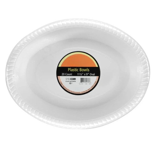 11.5"x9" white oval plastic bowl, durable and disposable serving bowl for salads, pasta, and side dishes at weddings, parties, and catered events.