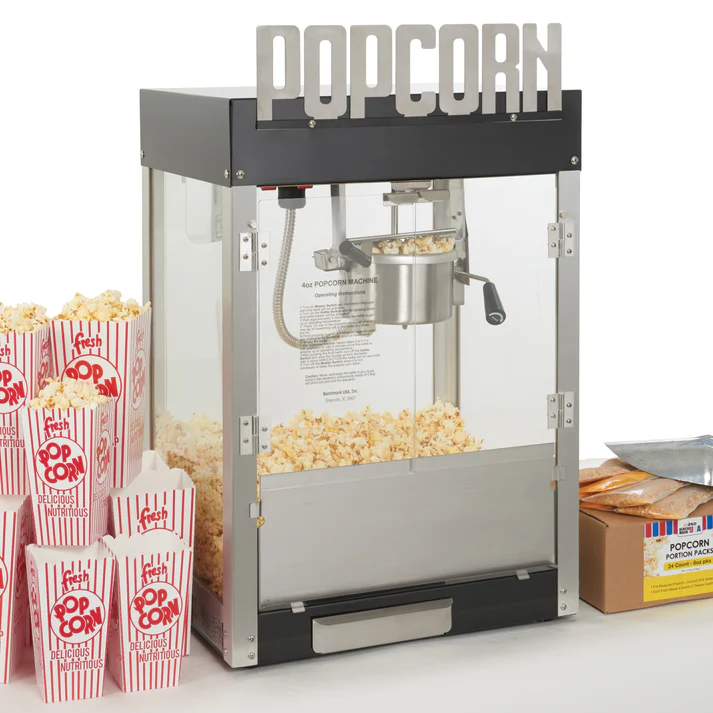 (4oz, 6oz) Benchmark Metropolitan Popcorn Machine 1/Pack the design of "Metropolitan", inspired by the Art Deco style of the 1930s, brings a unique, attractive appeal.