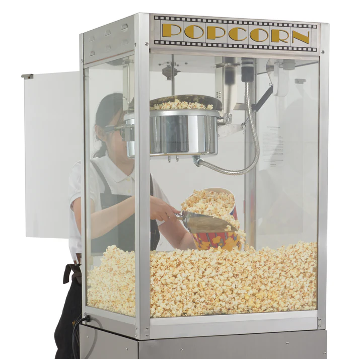 (8oz 14oz) Benchmark Silver Screen Popcorn Machine 1/Pack "Silver Screen" is simple in looking and is technically savvy. A separate cabinet thermostat and temperature indicator accurately controls the heat, ensuring that your popcorn is always at the perfect serving temperature.