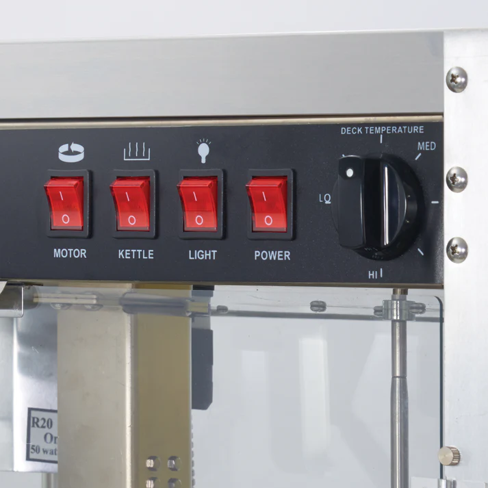 (8oz 14oz) Benchmark Silver Screen Popcorn Machine 1/Pack "Silver Screen" is simple in looking and is technically savvy. A separate cabinet thermostat and temperature indicator accurately controls the heat, ensuring that your popcorn is always at the perfect serving temperature.
