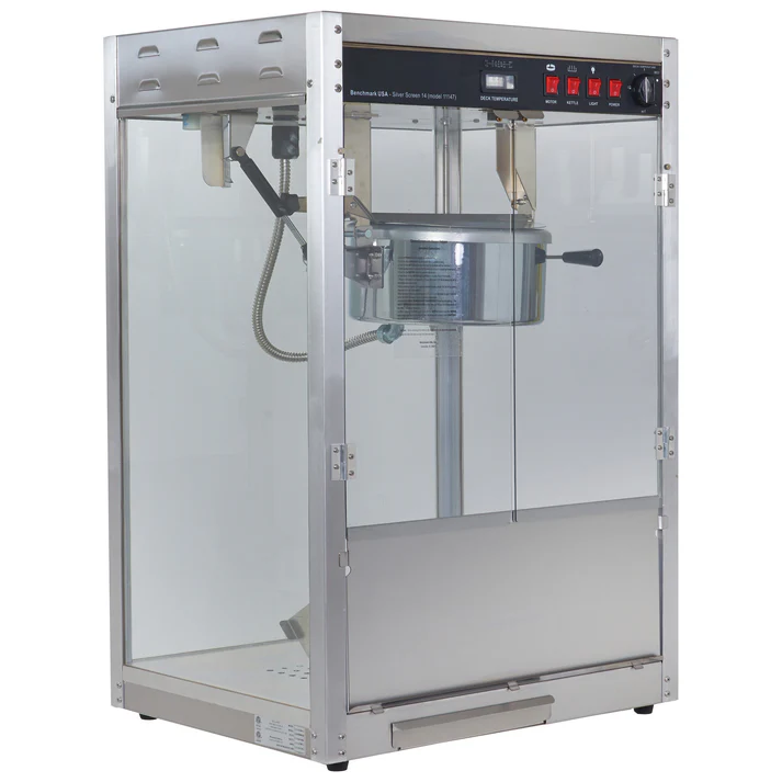 (8oz 14oz) Benchmark Silver Screen Popcorn Machine 1/Pack "Silver Screen" is simple in looking and is technically savvy. A separate cabinet thermostat and temperature indicator accurately controls the heat, ensuring that your popcorn is always at the perfect serving temperature.