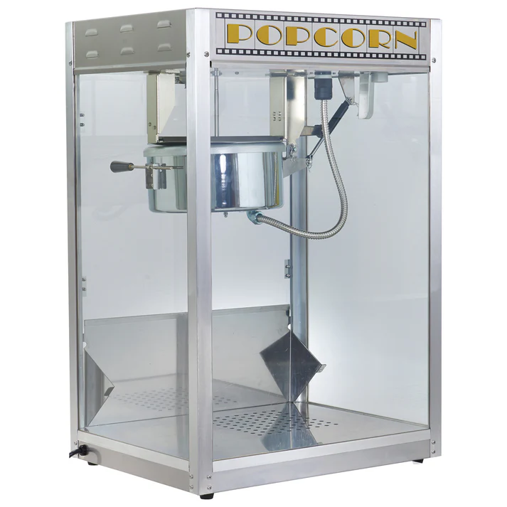 (8oz 14oz) Benchmark Silver Screen Popcorn Machine 1/Pack "Silver Screen" is simple in looking and is technically savvy. A separate cabinet thermostat and temperature indicator accurately controls the heat, ensuring that your popcorn is always at the perfect serving temperature.