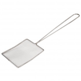 5-inch by 6-inch fine wire mesh skimmer stanton trading, square, with a long stainless steel handle, designed for straining and lifting fried or boiled foods with ease.
