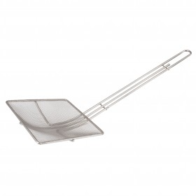 5-inch by 6-inch fine wire mesh skimmer stanton trading, square, with a long stainless steel handle, designed for straining and lifting fried or boiled foods with ease.