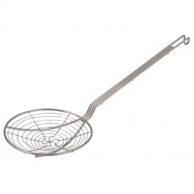 5-inch diameter spiral plated wire mesh skimmer stanton trading, featuring long handles for safe and efficient straining of fried or boiled foods.