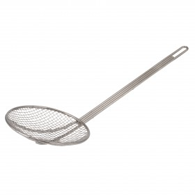7-inch diameter skimmer with plated wire mesh stanton trading and a long handle, ideal for straining and lifting fried or boiled foods.