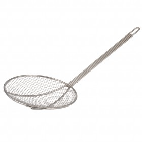 8-inch diameter skimmer with plated wire mesh stanton trading and a long handle, ideal for straining and lifting fried or boiled foods.