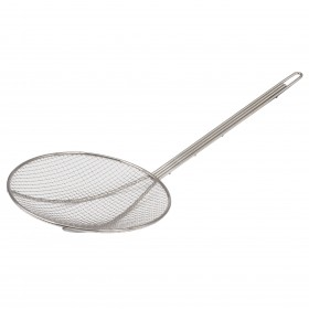 9-inch diameter skimmer with plated wire mesh stanton trading and a long handle, ideal for straining and lifting fried or boiled foods.