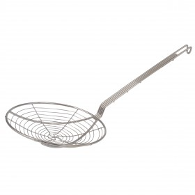 9-inch diameter spiral plated wire mesh skimmer stanton trading, featuring long handles for safe and efficient straining of fried or boiled foods.