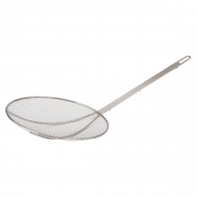 10-inch diameter skimmer with plated wire mesh stanton trading and a long handle, ideal for straining and lifting fried or boiled foods.