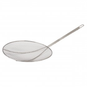 12-inch diameter skimmer with plated wire mesh stanton trading and a long handle, ideal for straining and lifting fried or boiled foods.