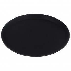 11-inch round black tray stanton trading with a rubber-lined surface, made from plastic. This non-slip tray is commonly used in food service settings like restaurants and bars to prevent spills while carrying drinks or plates. The rubber lining provides extra grip, making it a reliable choice for servers and bartenders.