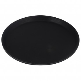 11-inch round black tray stanton trading with a rubber-lined surface, made from fiberglass. This non-slip tray is commonly used in food service settings like restaurants and bars to prevent spills while carrying drinks or plates. The rubber lining provides extra grip, making it a reliable choice for servers and bartenders.