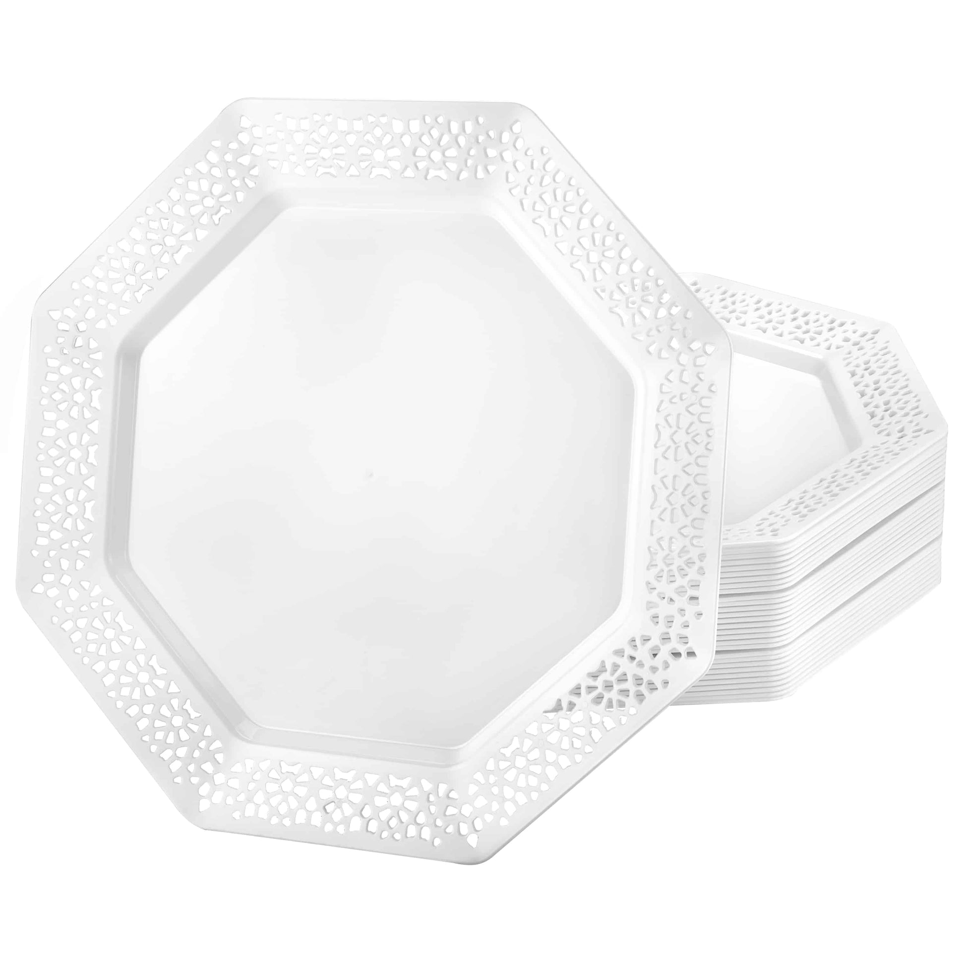 Lacetagon Pearl Plates in 7.5", 9.25", and 11" sizes; elegant disposable design for weddings, parties, and special events