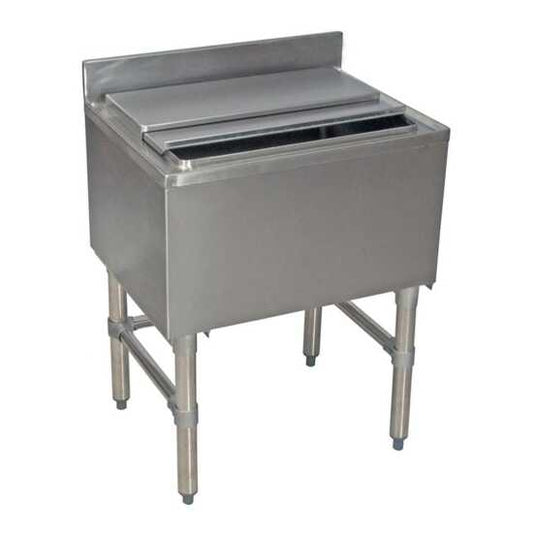 The Prepline 18" x 24" stainless steel underbar ice bin (77 lb. capacity) with a 12" bowl depth is designed for easy access to ice, enhancing efficiency in commercial bars and restaurant beverage service.